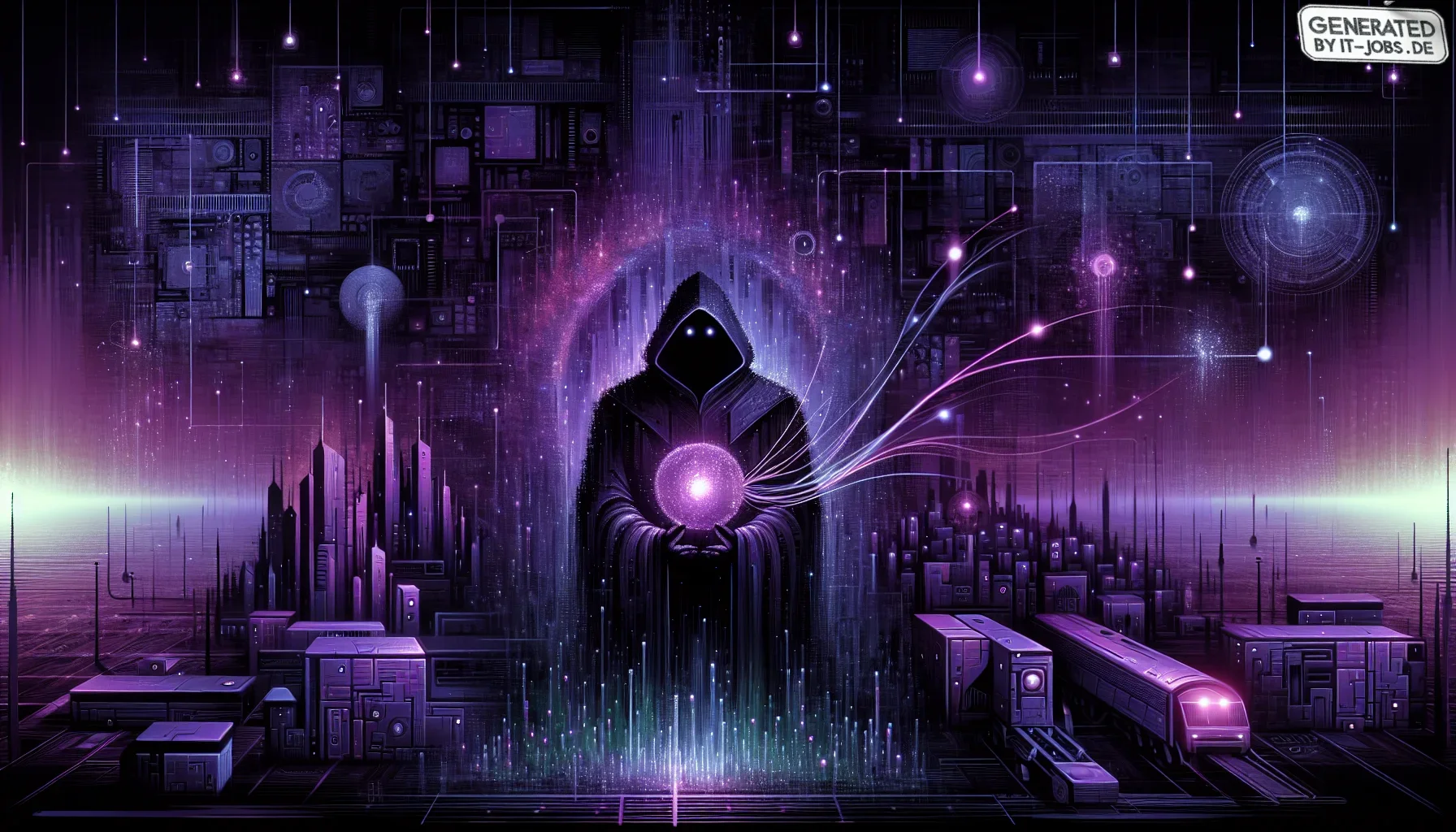 Visualize a striking digital art piece, deeply rooted in a rich dark purple color palette which dominates the scene, evoking a sense of cutting-edge technology and mystery. The canvas is a vivid portrayal of the abstract, stealthy world of serverless comp