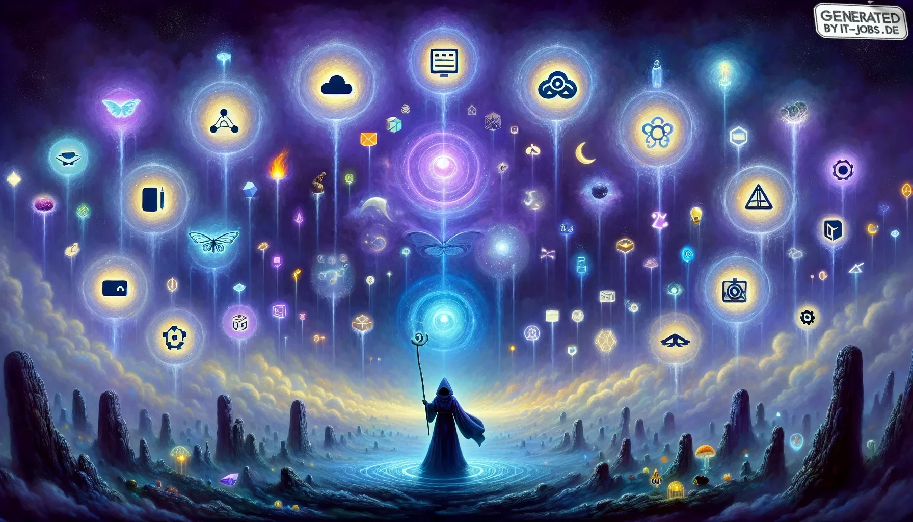 Picture this: an expansive, moody digital canvas bathed in haunting shades of dark purple and midnight blues, capturing the essence of a mystical cloud engineering realm. The visual is edgy and dramatic, sprinkled with pop-culture references and clever IT