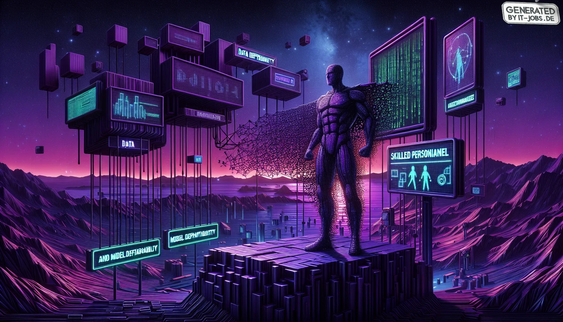 In the visualization, you're immersed in a surreal and shadowy landscape blanketed in varying shades of dark purple. The scene is set in a stylized, cybernetic world, reminiscent of a futuristic cityscape under a starless night sky. The skyline is punctua