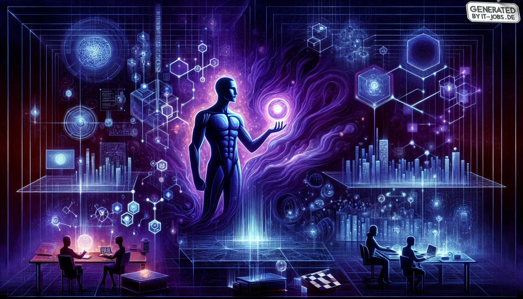 Visualize a rich, dark purple canvas stretching across the scene, setting a mysterious yet vibrant tone. In the center, a stylized illustration of Demis Hassabis stands, depicted as a modern-day visionary with a striking resemblance to a classic sci-fi he