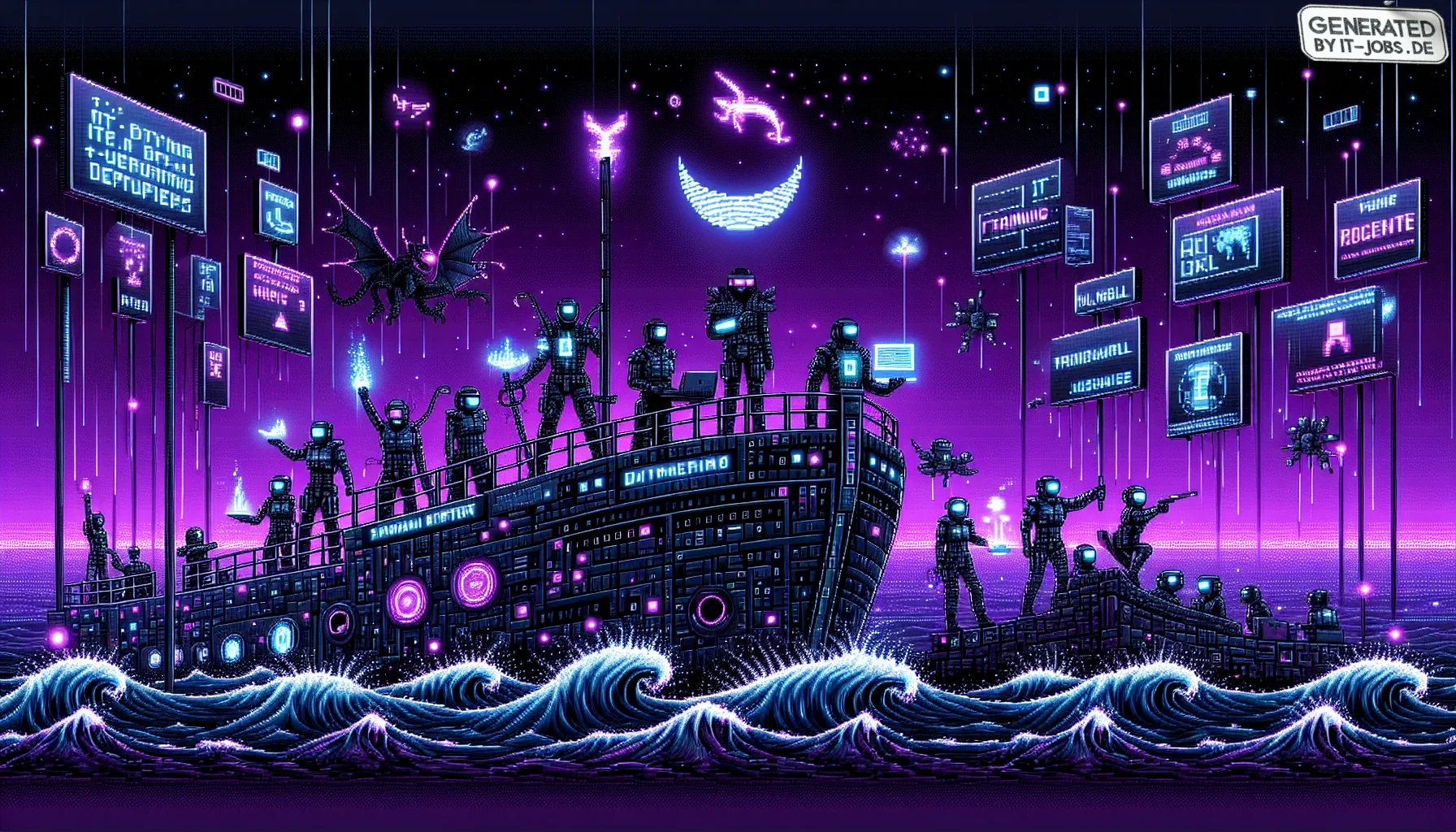 In the edgy, dark purple-themed visualization of the paragraph, the scene is set in a vast digital ocean under a night sky filled with glowing binary stars, casting an enigmatic light over the scene. The ocean is made of ones and zeros, creating digital w
