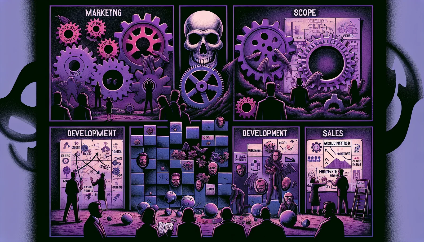 Visualizing the given text as an image, we enter a dark, moody scene dominated by deep purple tones that create a mysterious and edgy atmosphere. The canvas is split into various sections, each representing a challenge of adopting Agile methodologies, dep