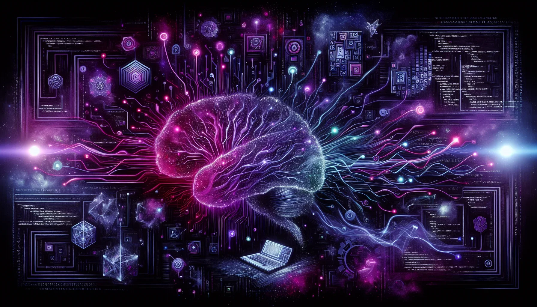Visualizing the given paragraph, the artwork would be a dynamic, edgy composition dominated by a dark purple palette, with vibrant contrasts and subtle hints of neon to evoke the electrifying atmosphere of the tech world. This image would be rich in depth
