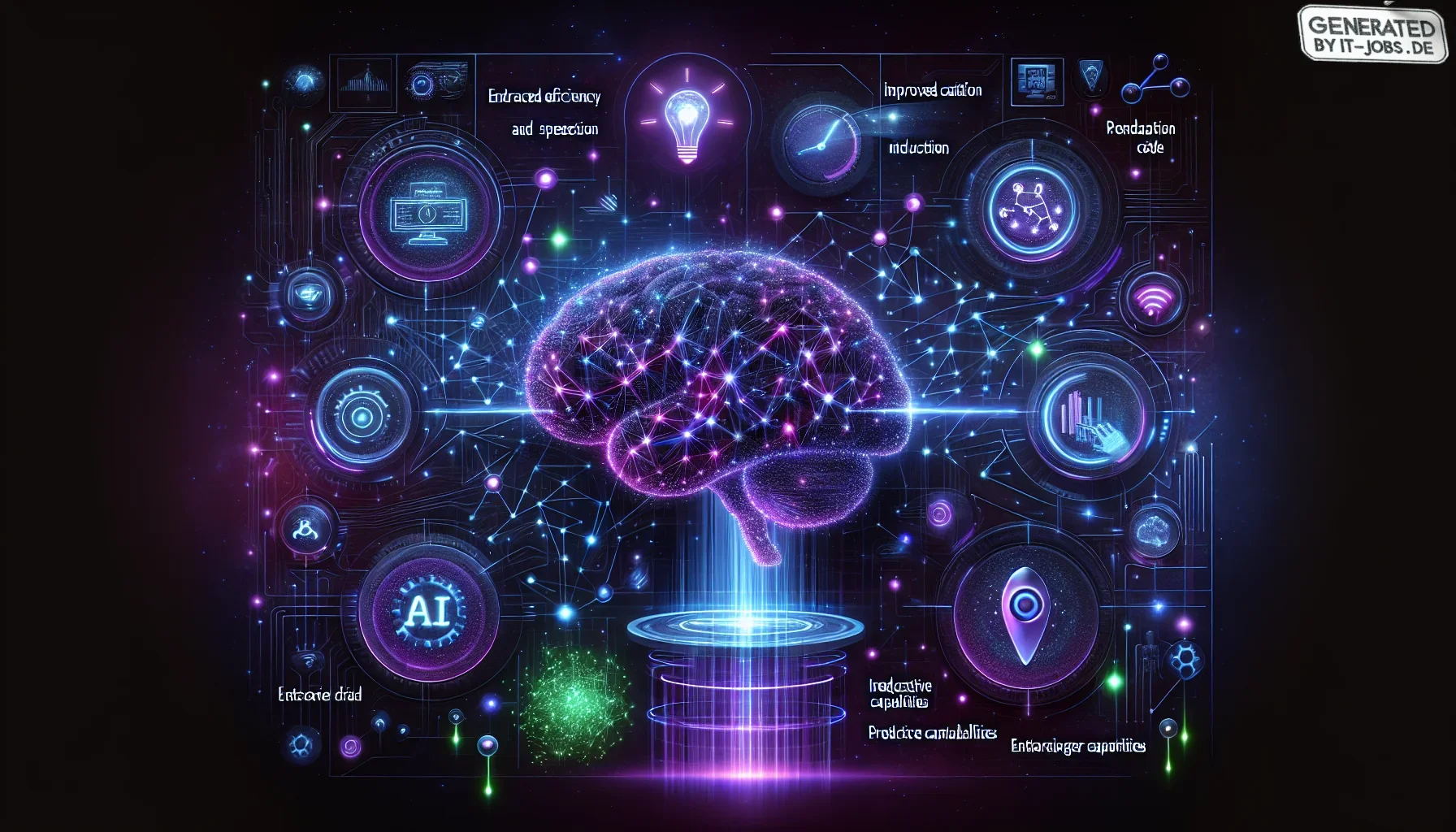 Visualize a dynamic and visually striking digital artwork that encapsulates the futuristic and transformative essence of AI in IT automation. The overall color scheme is dominated by dark purple tones, setting an edgy and sophisticated mood that resonates