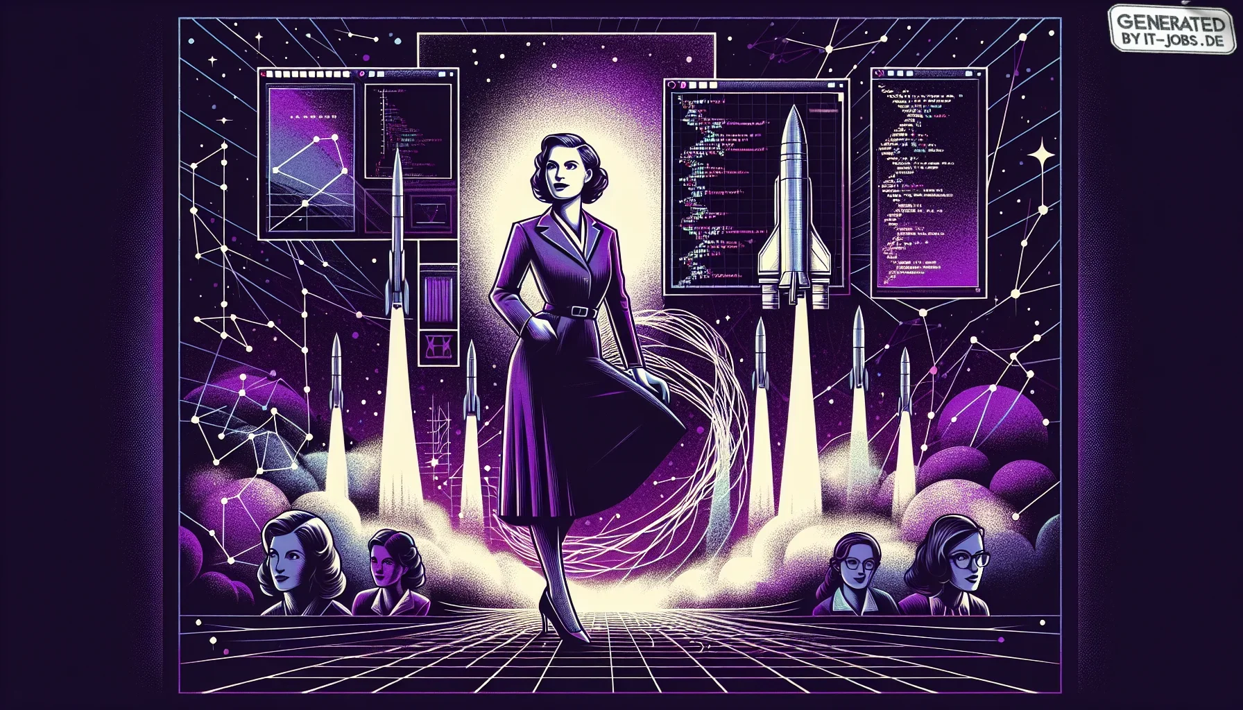 Imagine an artful, visually compelling poster that captures the essence of Annie Easley’s pioneering career at NASA, all set against a vibrant, dark purple backdrop that lends an almost cosmic aura to the scene. The mood is edgy and dynamic, resonating wi