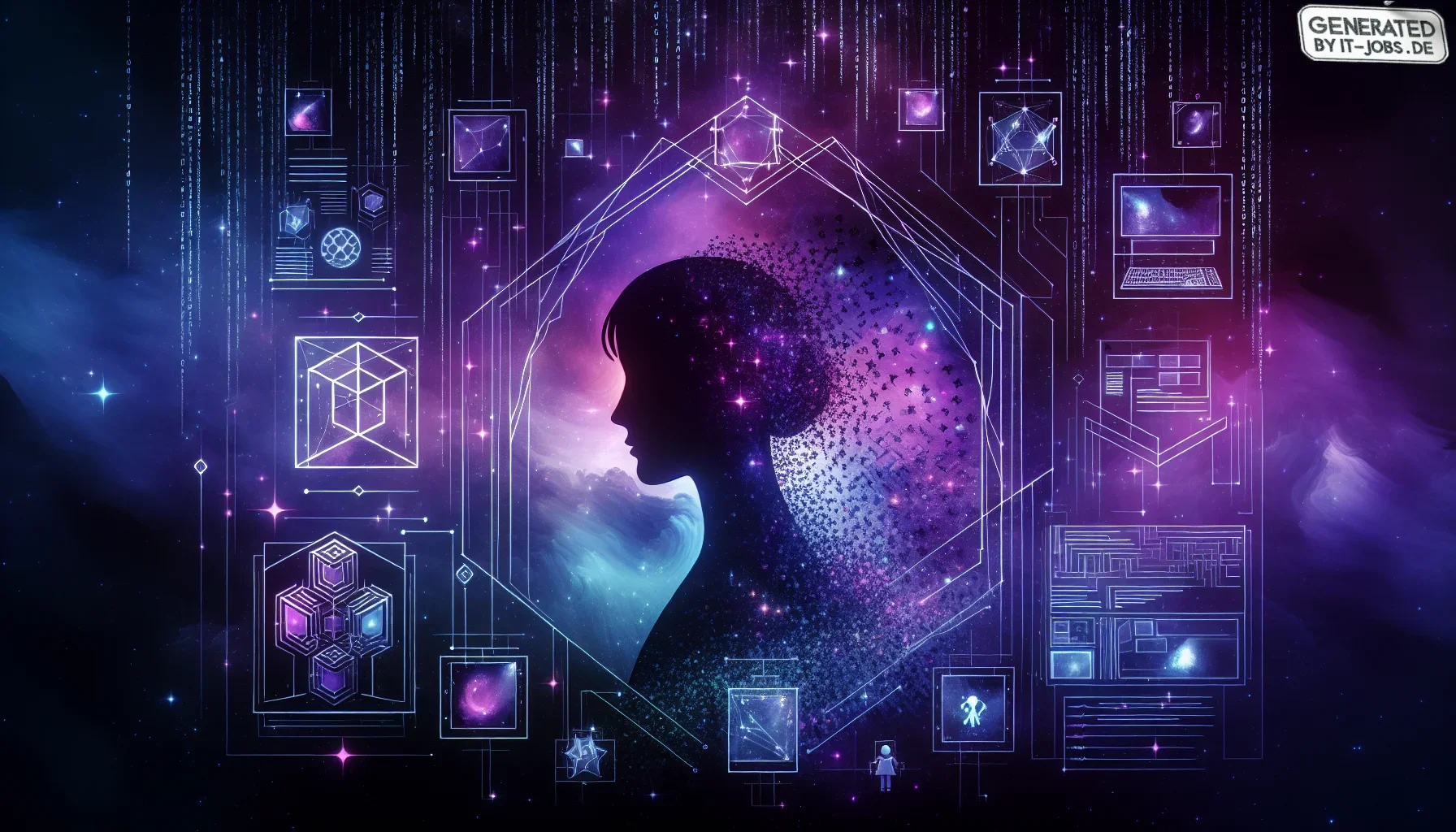 In the visualization of Barbara Liskov's career and milestones, the image is dominated by a deep, dark purple palette, symbolizing the depth and richness of her contributions to computer science. The background is a cosmic canvas, sprinkled with twinkling