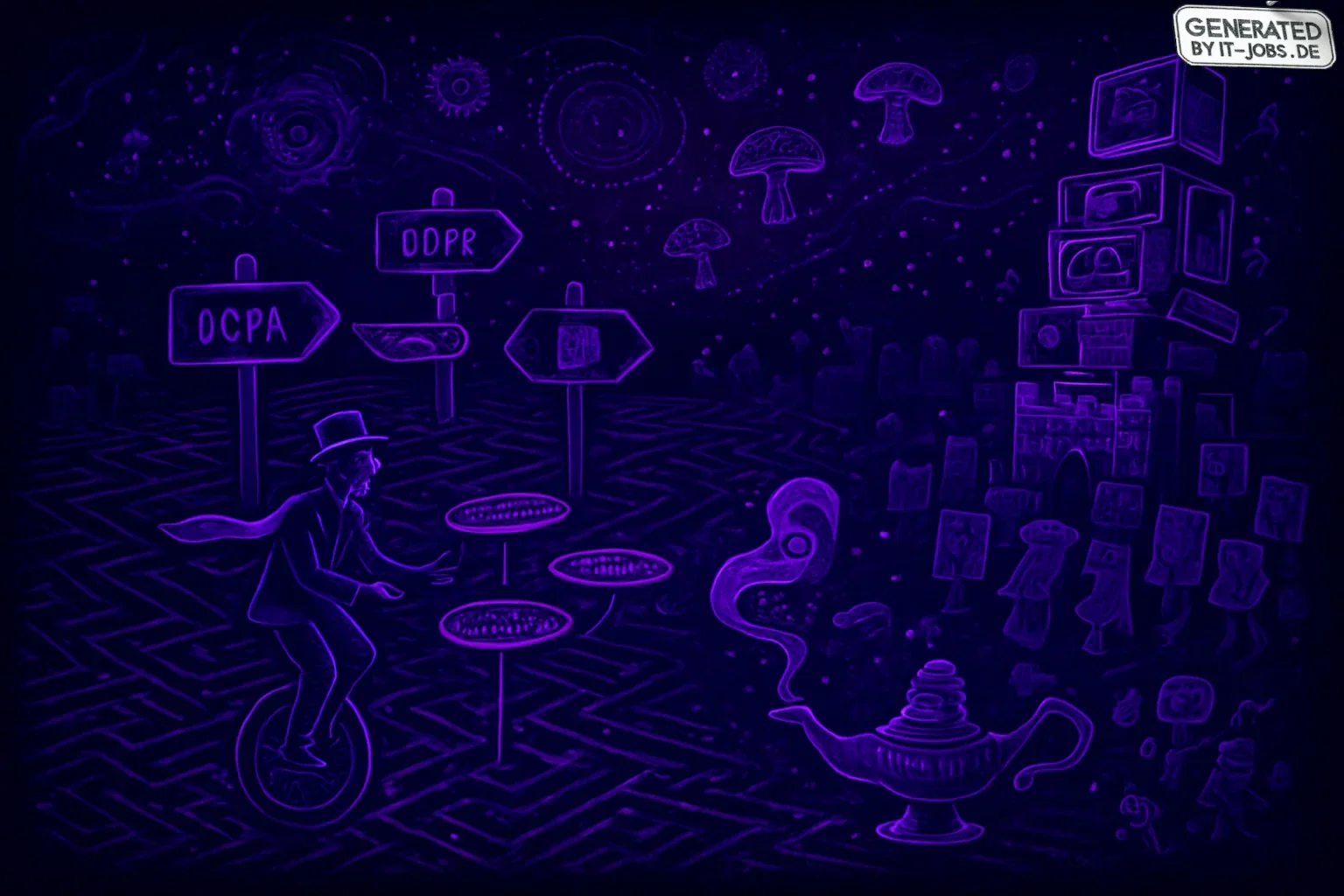 This edgy, dark purple scene depicts a digital jungle filled with pop-culture Easter eggs. A maze of circuit pathways represents compliance challenges, marked by whimsical signposts like "GDPR" with a cape. A Privacy Specialist rides a unicycle on shiftin