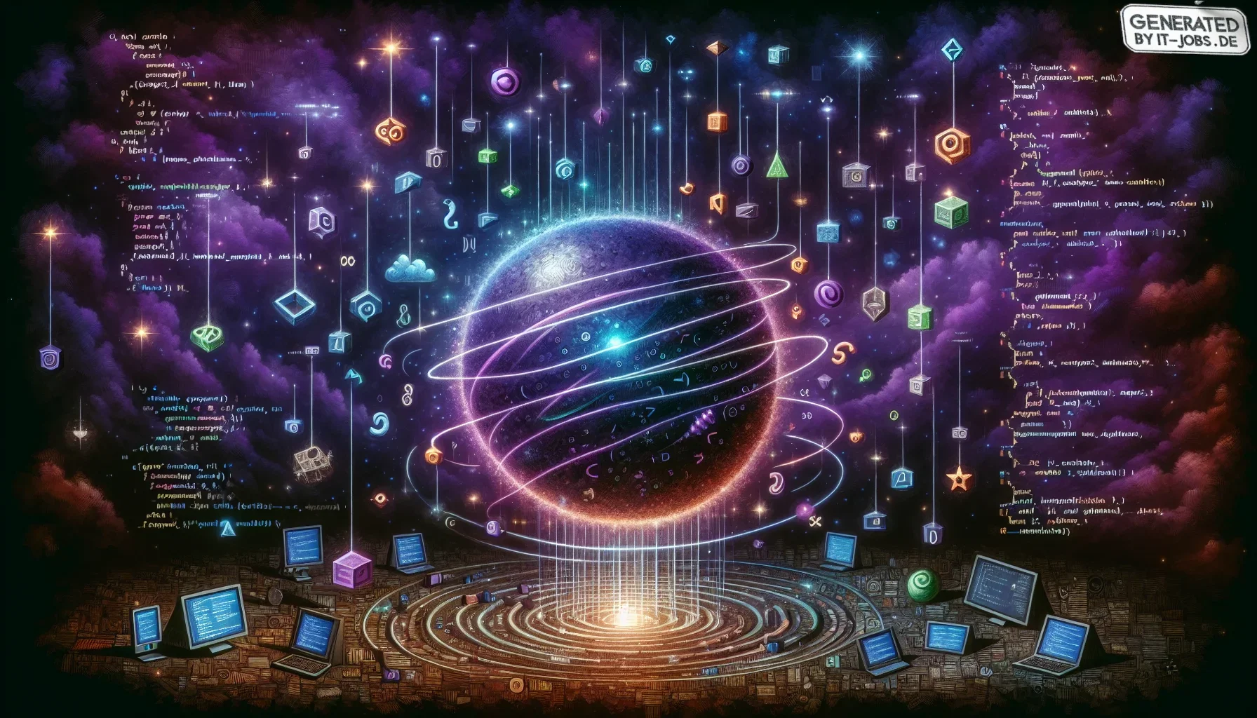 Imagine a digital canvas painted in deep, dark purple hues, setting a mysterious and intellectually stimulating atmosphere. This vivid backdrop plays host to various dynamic elements and motifs that symbolize the rich and complex world of software develop