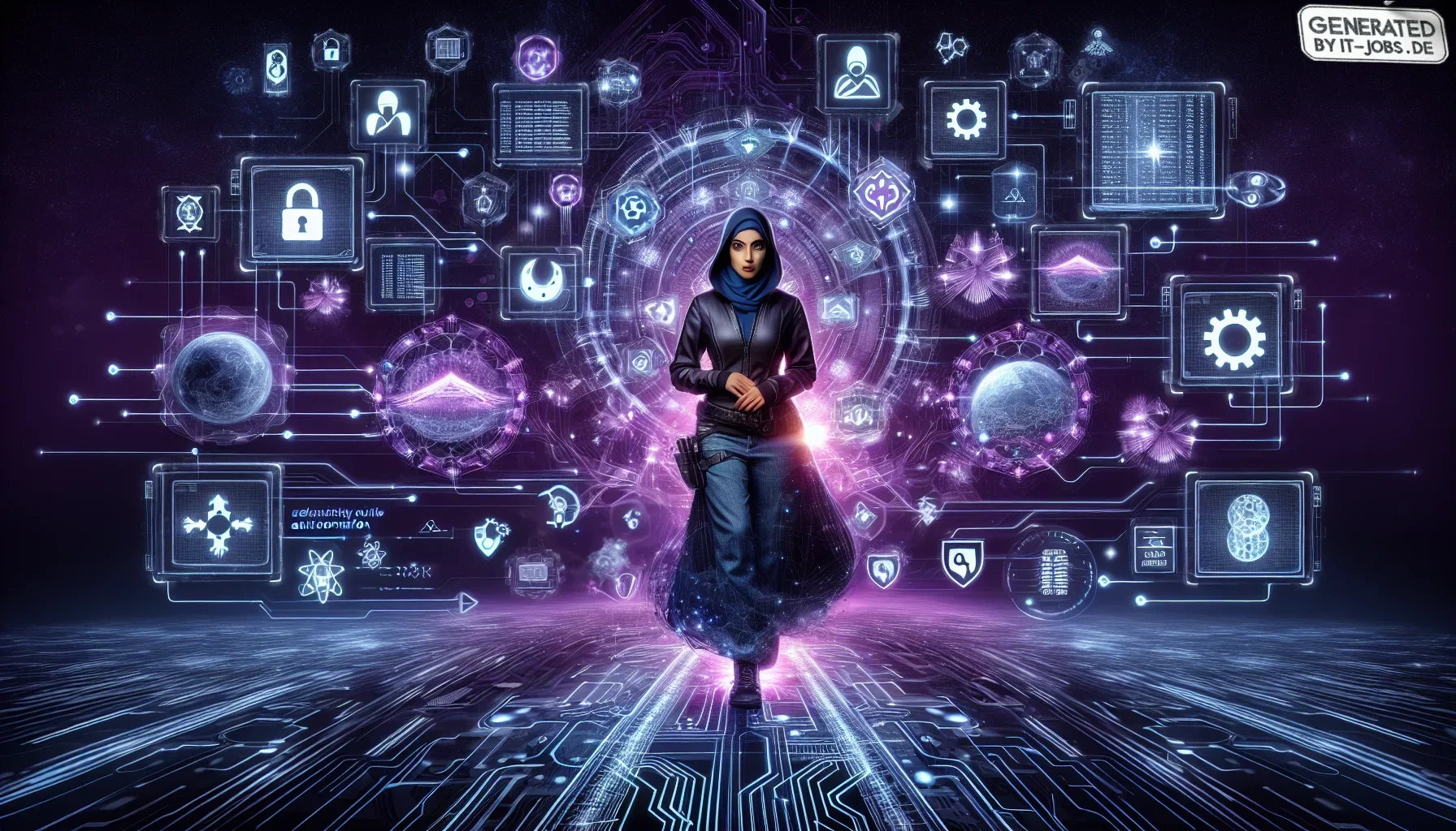 In this visualization, step into a dynamic and captivating digital universe where the trials and triumphs of system administration come alive. The backdrop is a deep, dark purple, enveloping the scene with a sense of mystery and technological prowess. Thi