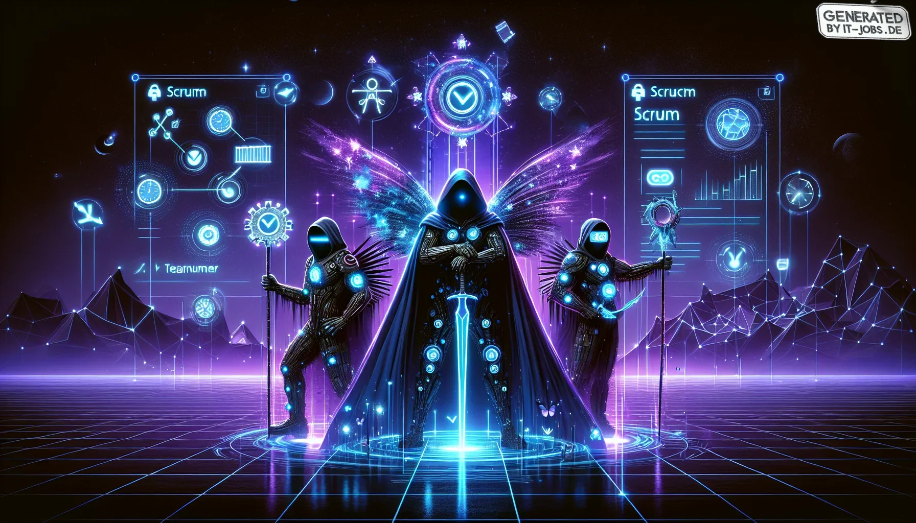 Visualize a dynamic and slightly surreal digital artwork, deeply infused with a dark purple hue that sets a mysterious yet energetic tone. The scene takes place within a stylized, virtual reality-inspired landscape, reminiscent of a complex, advanced comp