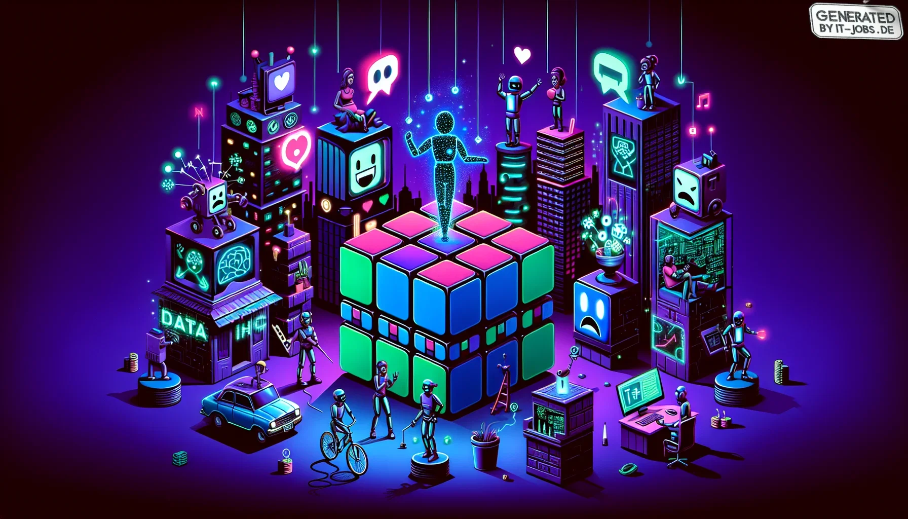 Picture this: A dark purple canvas sets the backdrop for a visually striking and edgy composition. The scene is reminiscent of a neon-lit, cyberpunk cityscape, buzzing with activity and layered with elements of modern pop culture and IT humor. 

In the ce