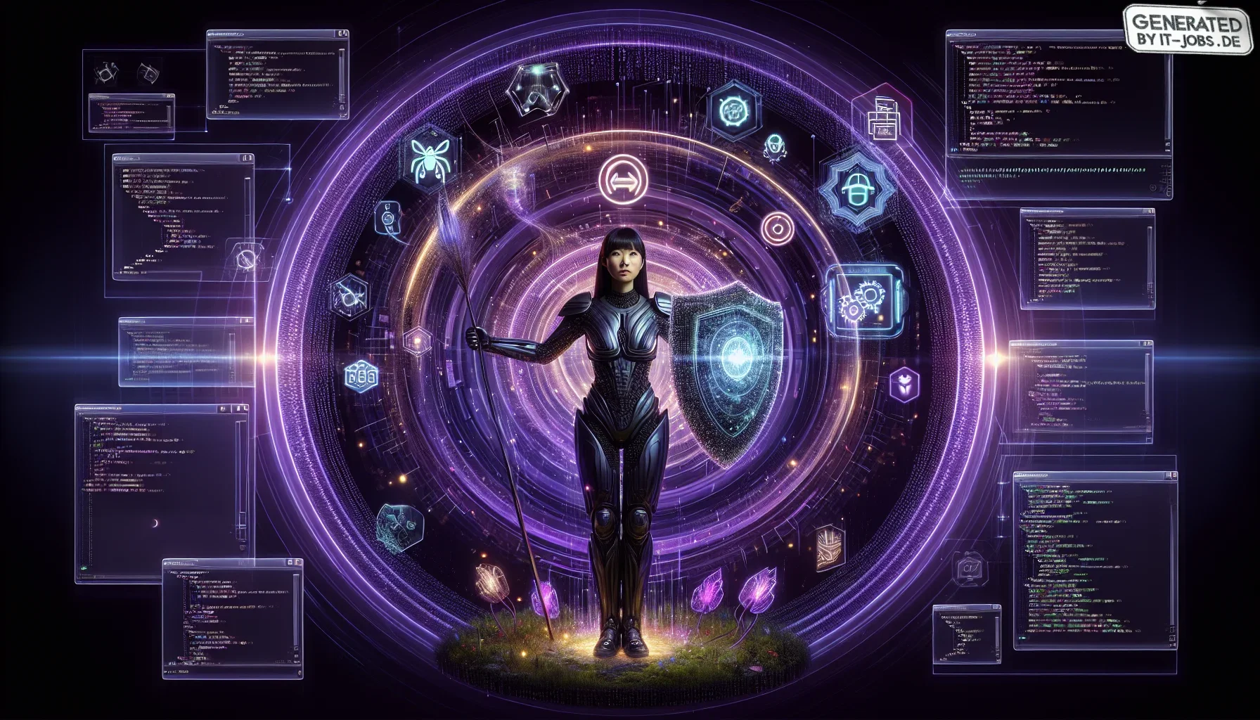 I imagine a visually striking and dynamic digital artwork that vividly captures the essence of the software tester's world, drenched in shades of dark purple, symbolizing the depth and complexity of their craft. The background is a rich, gradient purple, 