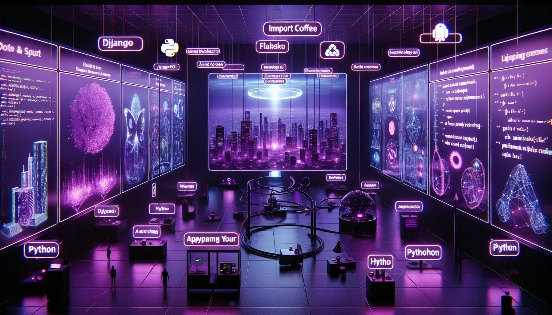 Visualize stepping into a dimly lit, expansive room that pulsates with the energy of a vibrant, dark purple hue. The walls are adorned with sleek, digital panels that flicker with snippets of Python code, casting a soft glow that illuminates the space. Am