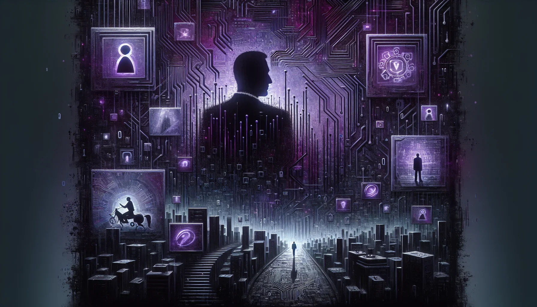 Visualize a dark, atmospheric canvas splashed with deep purple hues, evoking a sense of mystery and intrigue that aligns with the complex legacy of Bill Gates and Microsoft. The central focus of this art piece is a towering, silhouetted figure of Bill Gat