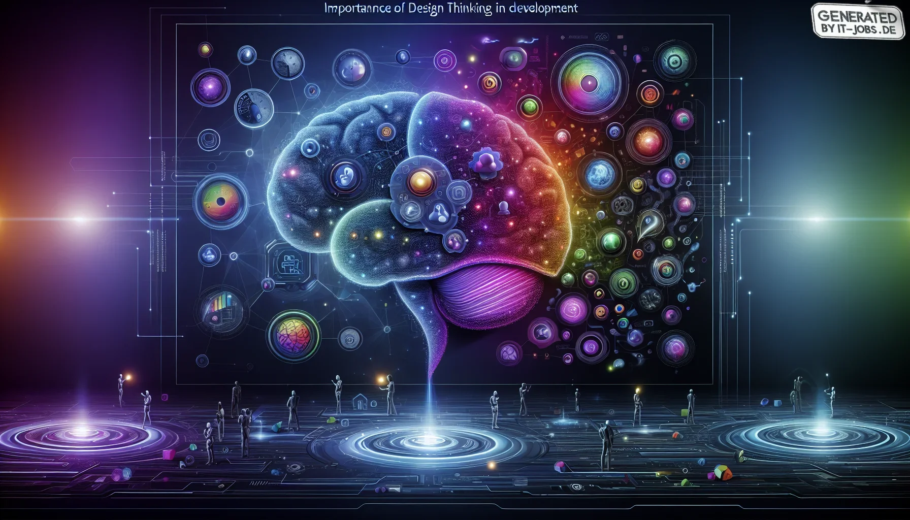 Visualize a striking and imaginative digital artwork that serves as a vibrant representation of the "Importance of Design Thinking in Development." The backdrop is a rich, dark purple hue, symbolizing the depth and innovation of design thinking. This colo