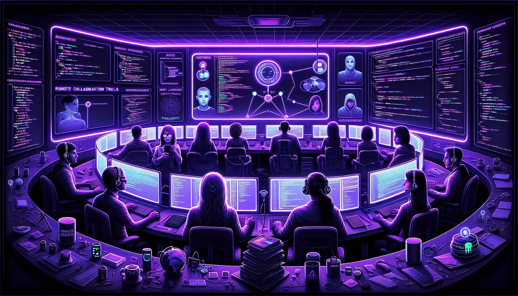 In this visualization, imagine a canvas dominated by dark purple tones, creating a mysterious and cutting-edge atmosphere that resonates with the technological theme of the paragraph. The scene is set in a futuristic software development lab, where the co