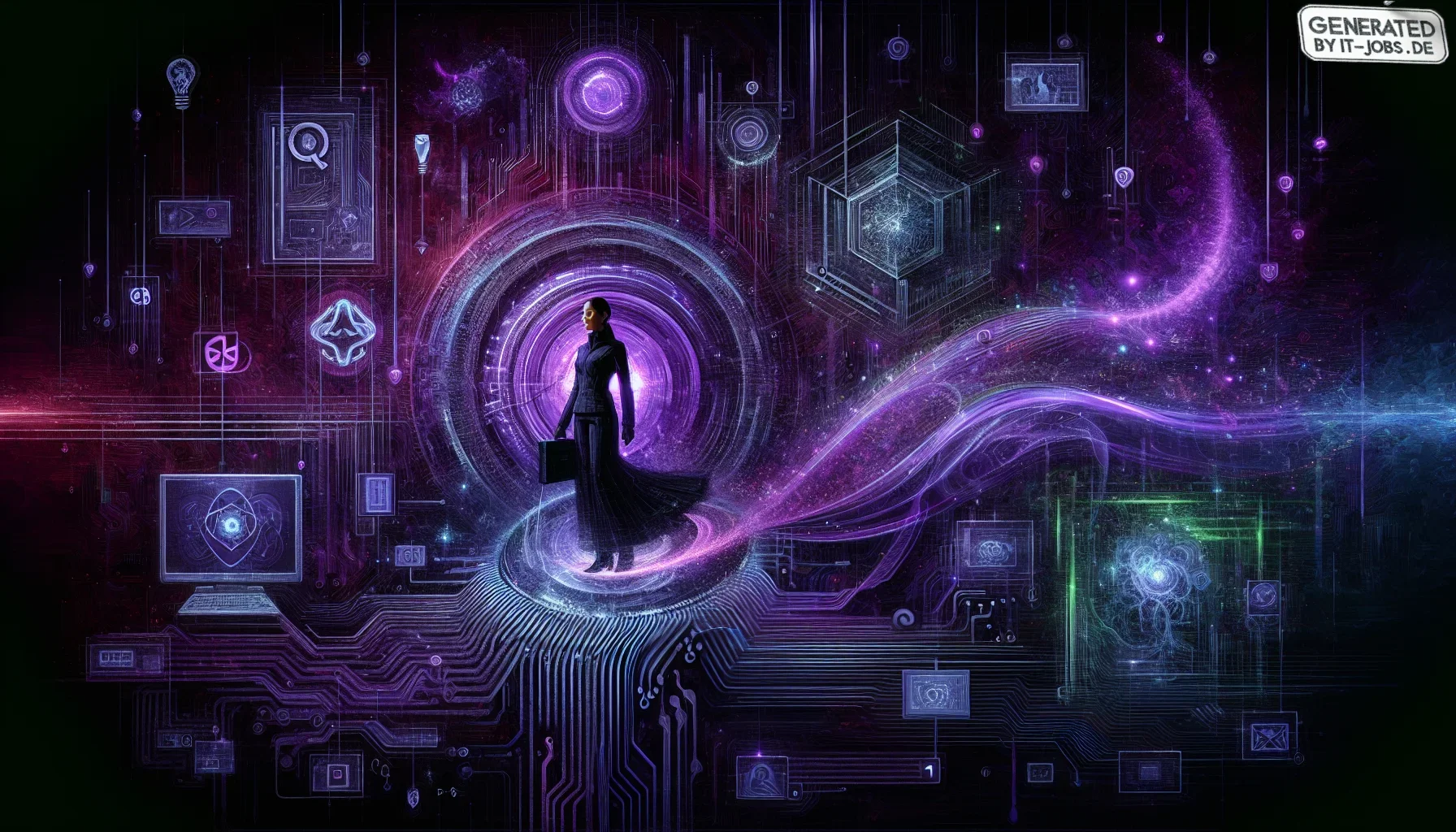 I imagine a visually striking and emotionally charged digital artwork, painted in shades of dark purple and black, that captures the essence of the high-stakes, ever-evolving world of cybersecurity. The central focus of the image is a dynamic, heroic figu