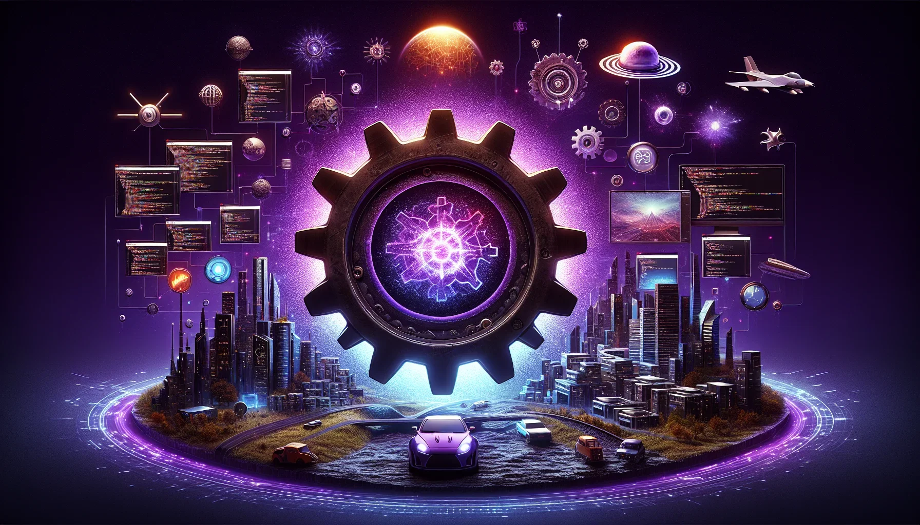 Visualize a dynamic, visually striking digital art piece that embodies the essence and versatility of the Rust programming language, set against a deep, dark purple background that evokes a sense of cutting-edge technology and robust potential. This image