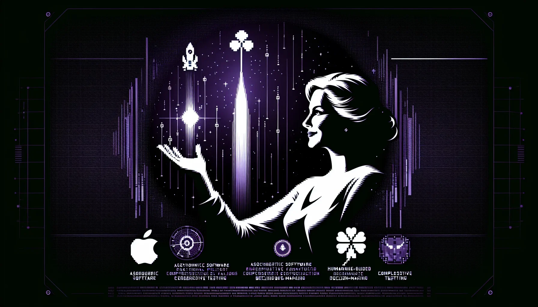 A futuristic, edgy digital canvas, with a dominant background hue of dark, royal purple. In the center, a crisp, white silhouette of Margaret Hamilton stands tall and confident, holding a celestial ship in one hand, referencing her monumental contribution