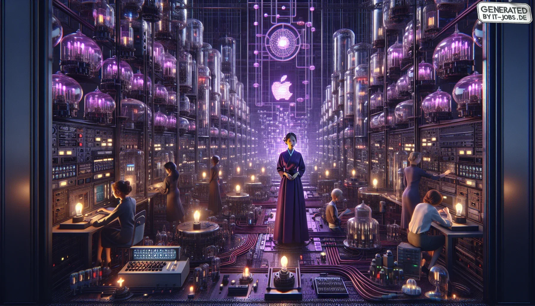 In the envisioned illustration, we are immersed in a dynamic, edgy visual tableau that pulses with the essence of the ENIAC project, framed within a dark purple palette that evokes the mysterious and pioneering spirit of early computing. The aura of the i