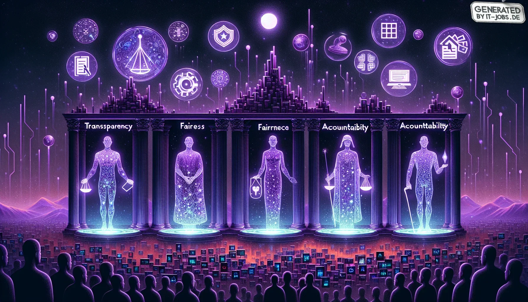 In the envisioned visualization of the paragraph discussing key ethical principles in AI, the artwork captures a dynamic and slightly futuristic scene, bathed in shades of dark purple, creating a moody and contemplative atmosphere. The scene is set in a d