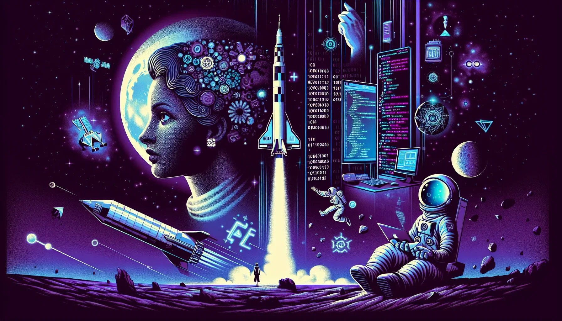 The visualization is a dynamic, edgy comic-style illustration set on a deep, dark purple background that represents the vast expanse of space. The primary focus is on a towering, stylized figure of Margaret Hamilton, her face illuminated by the glow of a 