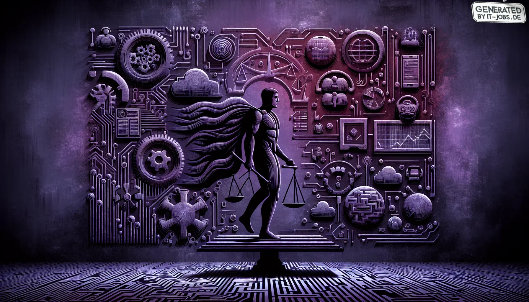 Imagine an intriguing and dynamic digital artwork that captures the essence of the challenges faced by Service Delivery Managers in the IT consulting sector. The visual is dominated by a rich, dark purple palette, giving it an edgy and mysterious vibe. Th