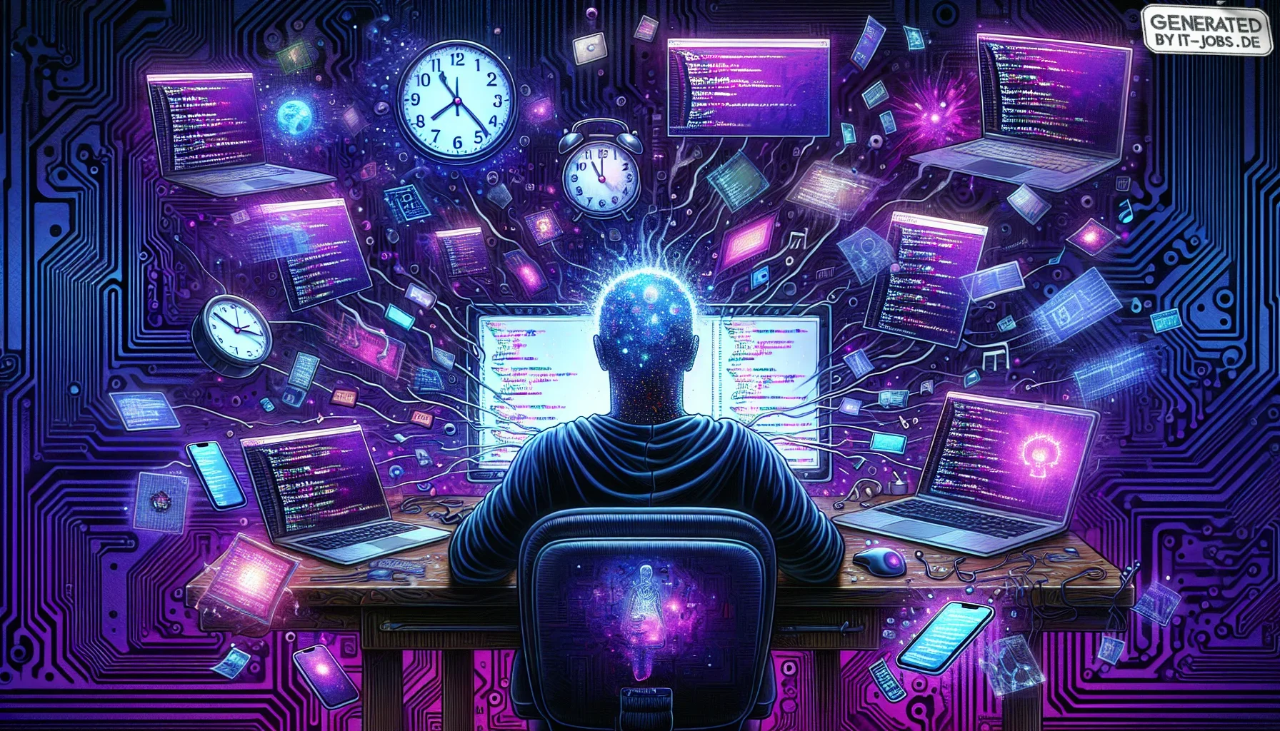 Imagine a dynamic and visually captivating digital artwork that brings to life the trials and triumphs of freelancing as a software developer. This artwork is steeped in a moody dark purple hue, evoking the depth and the mystery of the digital world. The 