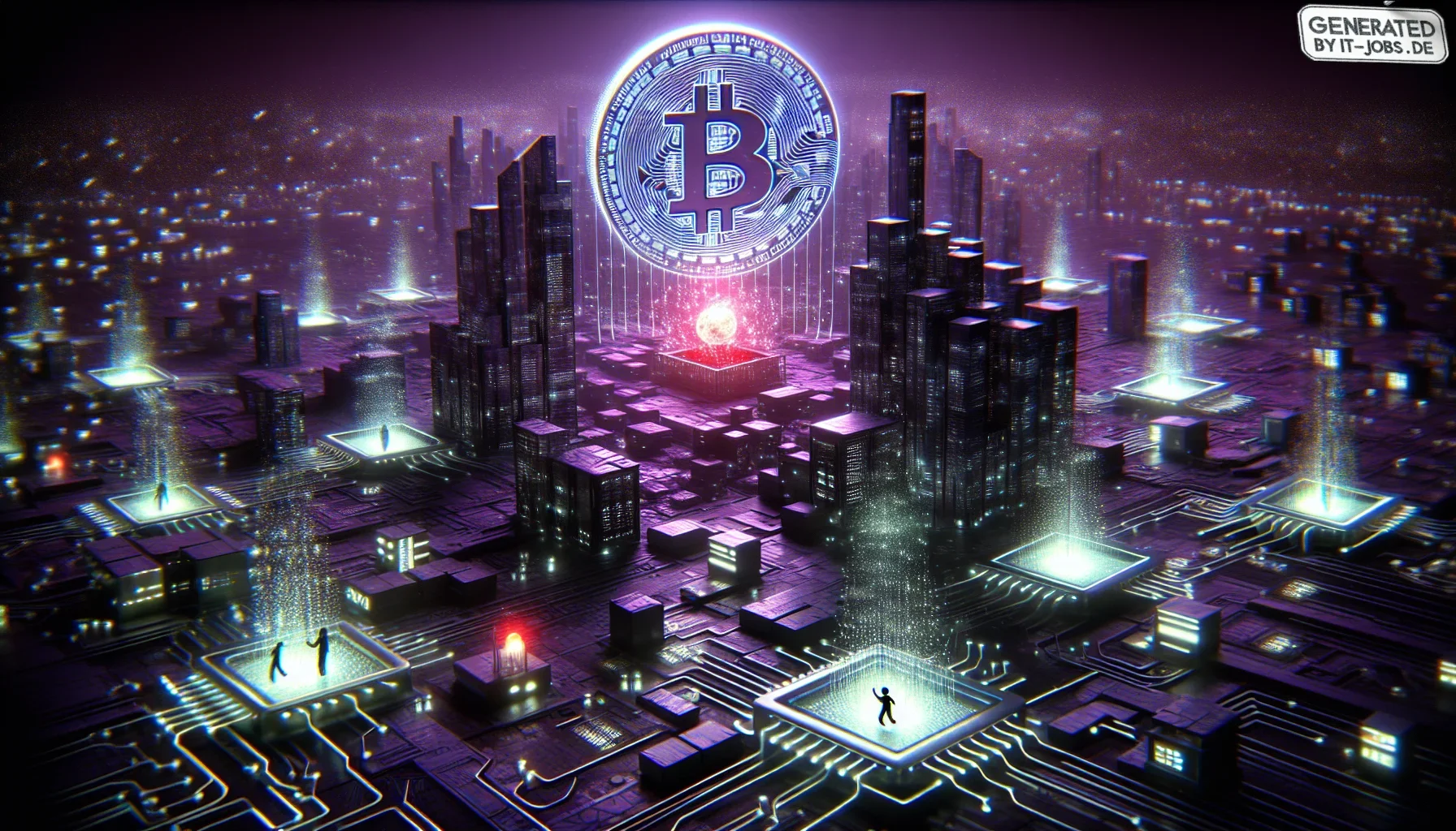 Visualize an expansive, digital canvas, dominated by tones of dark purple, creating an enigmatic and mysterious ambiance that draws viewers into the depths of cybersecurity in blockchain technology. The backdrop is a sprawling cityscape at night, composed
