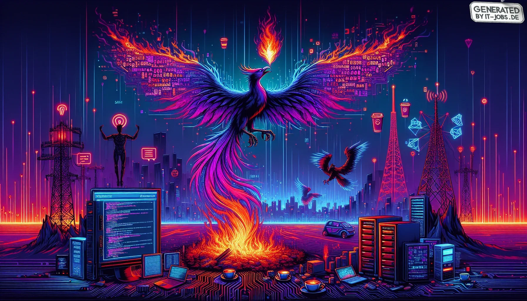 In my mind's eye, I envision a vibrant and electrifying digital landscape set against a backdrop of deep, rich dark purple. The scene is edgy, with neon highlights flickering like the lights of a bustling cyber-city at night. The composition is infused wi