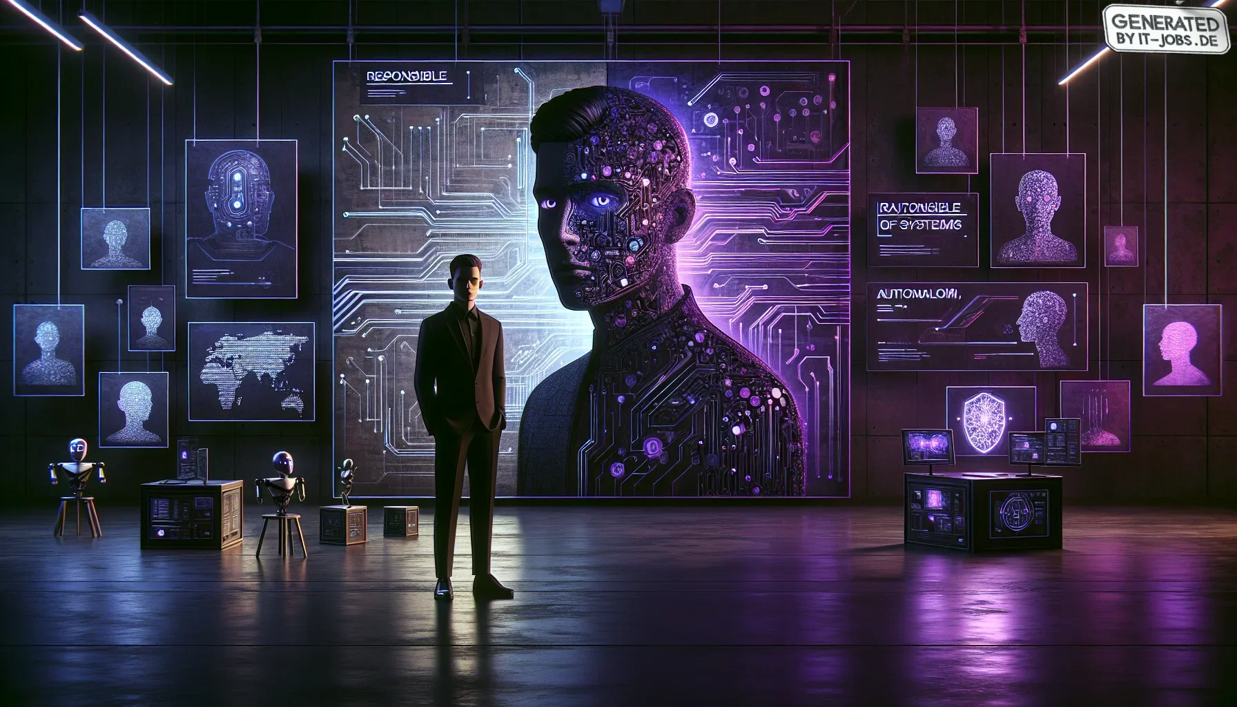 In the visualization of "Ethical Dimensions of McCarthy's Work," the scene is set in a dark, moody studio, suffused with hues of dark purple and midnight blue, creating a thoughtful, almost mystical ambiance. The backdrop is a sprawling digital canvas, mi
