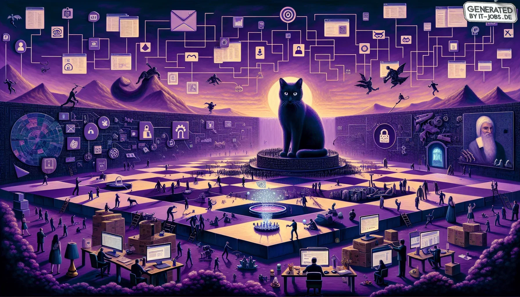In the visualization of the paragraph "Challenges in Implementing IT Compliance Frameworks," the scene is set in a vast, surreal landscape that embodies the tumultuous world of IT compliance. The color palette is dominated by shades of dark purple, settin