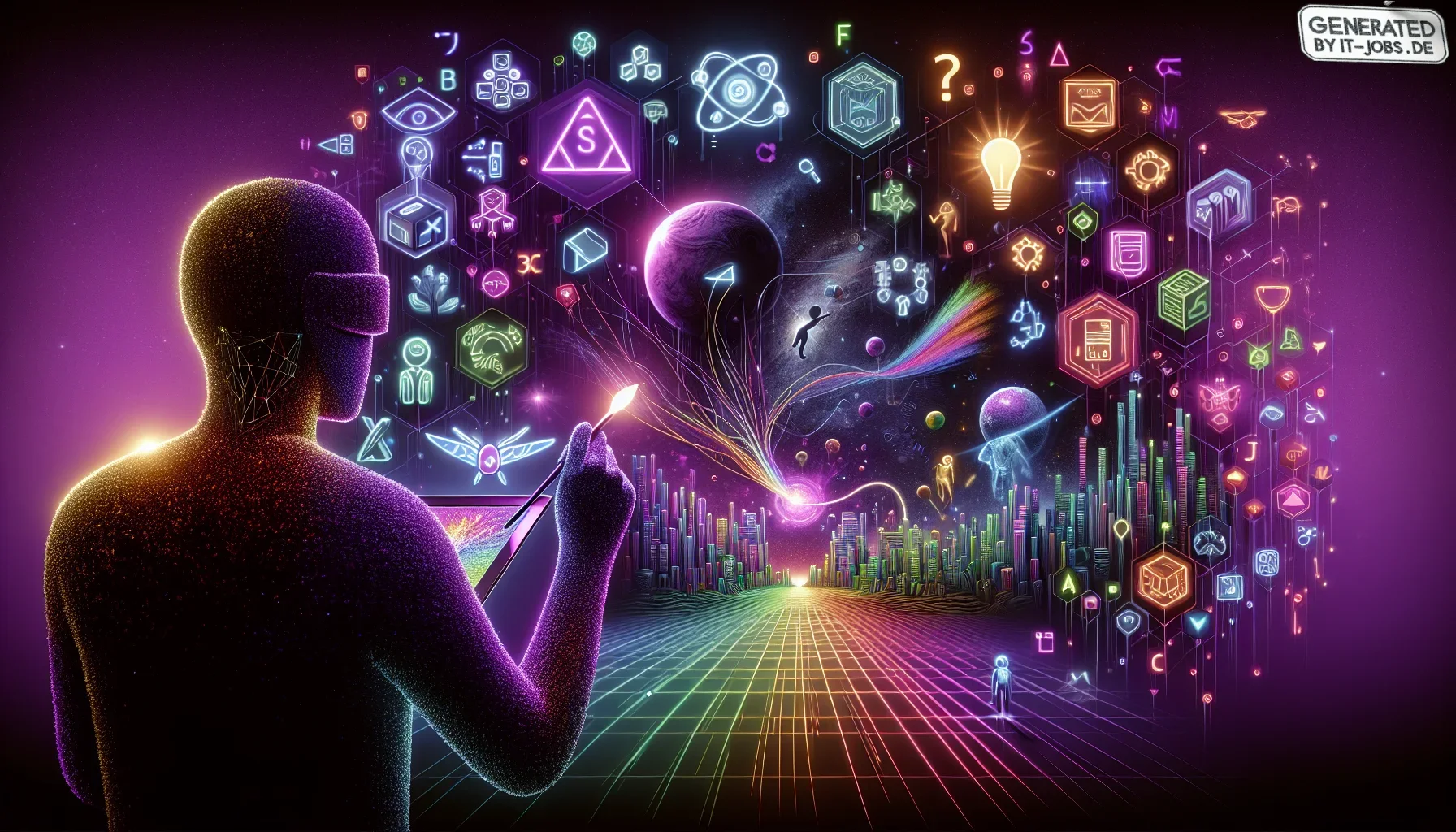 Visualize a sprawling, dark purple canvas that serves as a dynamic backdrop, symbolizing the vast and enigmatic realm of the Metaverse. This visual captures the essence of a Metaverse Development Specialist, embodying the intersection of high-tech prowess