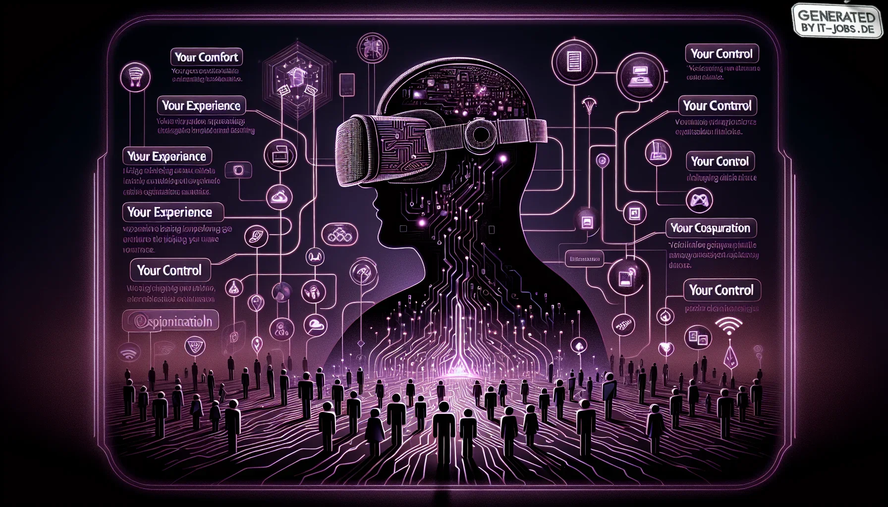 Visualize a compelling and intricate digital art piece with a deep, dark purple backdrop that sets an edgy, almost mysterious tone. At the center, a silhouette of Jaron Lanier looms, composed of intertwining digital circuits and glowing neon lines, symbol