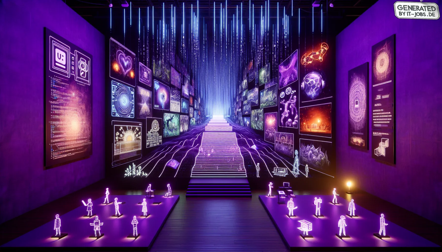Visualize stepping into a dark, expansive gallery where the walls pulse with a deep, velvety purple hue, imbued with a mysterious and edgy aura. This space serves as the canvas for a vivid and emotionally charged depiction of the virtual reality (VR) deve