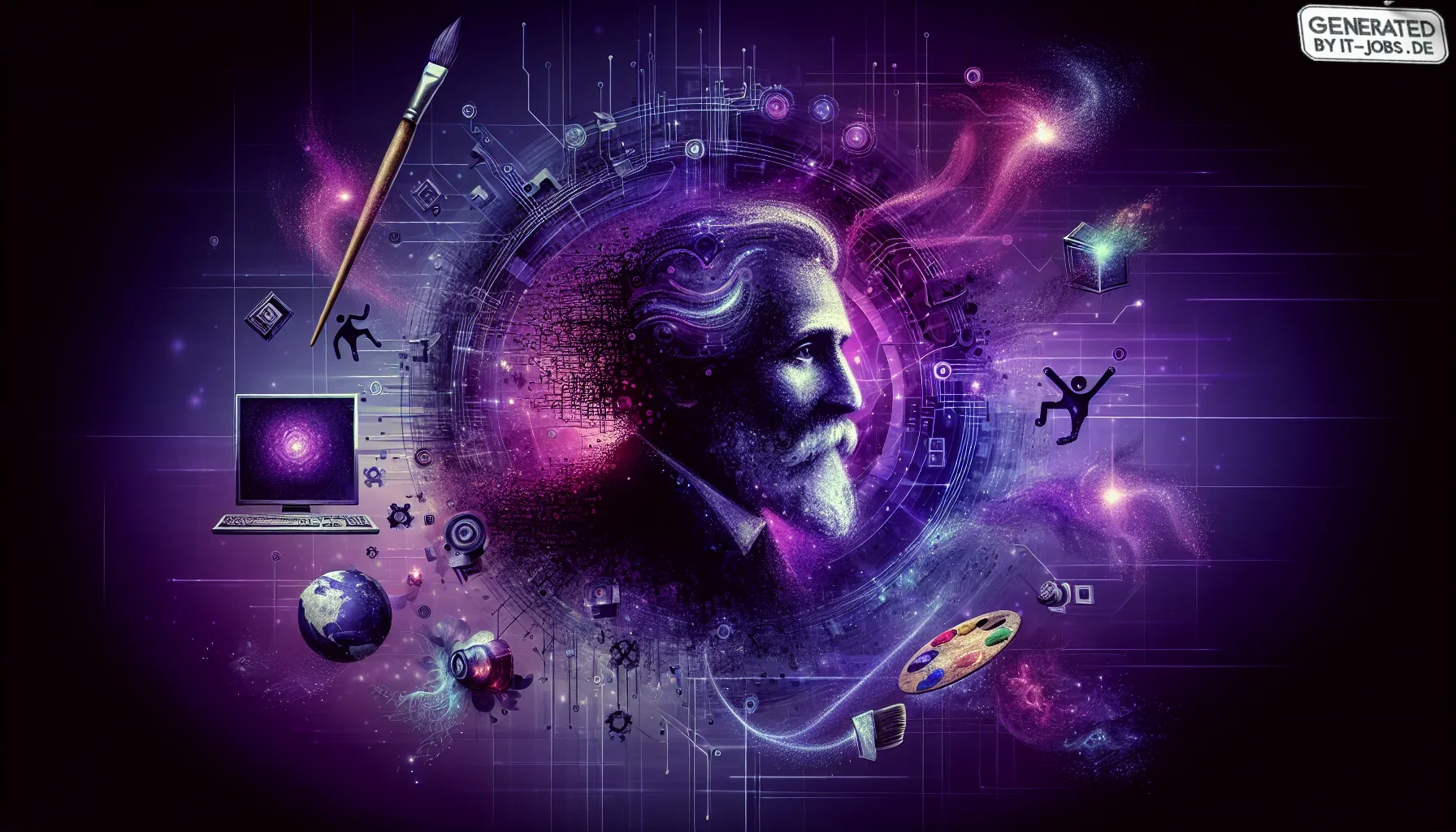 I imagine a dynamic, visually striking image that captures the essence of Paul Allen's multifaceted legacy using a dark purple color scheme, symbolizing his deep and lasting impact on technology, culture, and philanthropy. The background is a gradient of 