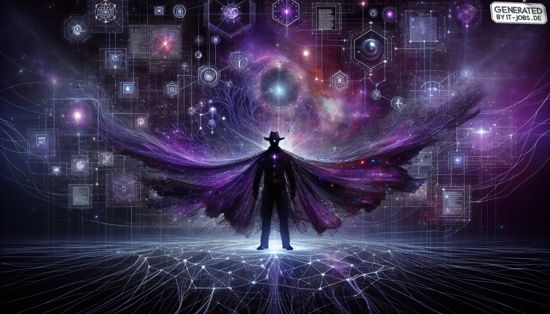 Visualize a captivating digital canvas that plunges you into the mystical and enigmatic world of artificial intelligence and machine learning, guided by the legendary Yoshua Bengio. The overall color scheme is dominated by dark purples and blacks, lending