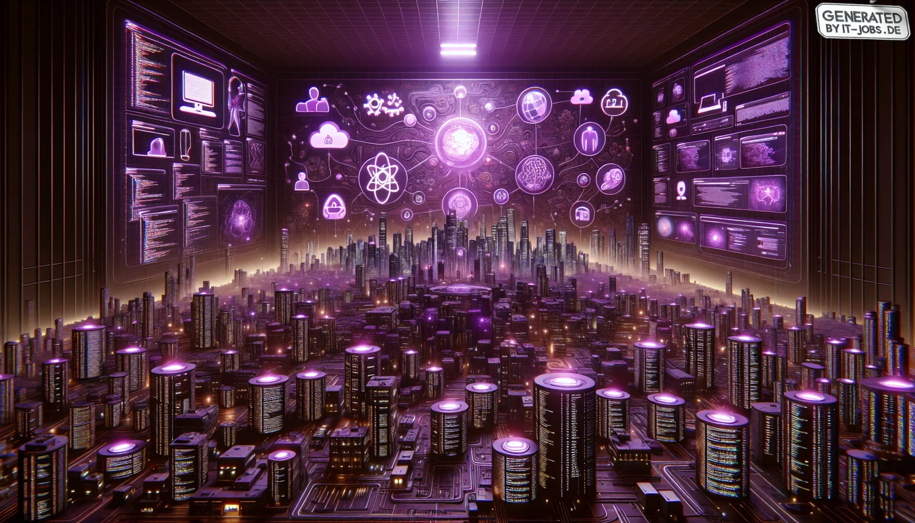 Visualize stepping into a vast, dimly lit room, where the walls pulse with a deep, dark purple hue, resonating with an edgy, tech-infused vibe. The space feels alive, almost breathing with the energy of software development and high-speed collaboration. T