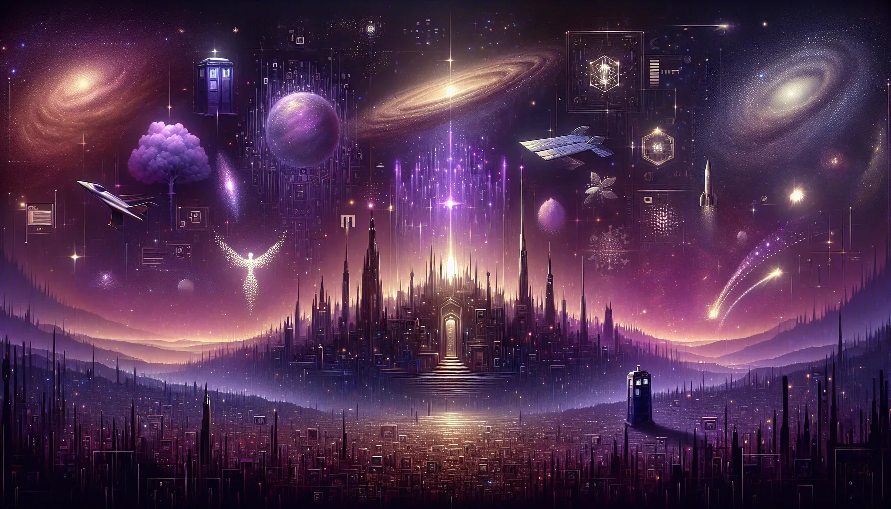 Visualize a large, sprawling digital canvas, dominated by a deep, dark purple hue that evokes a sense of mystery and depth. The background subtly shifts in shades of purple, suggesting a dynamic and evolving landscape. Against this backdrop, the central f