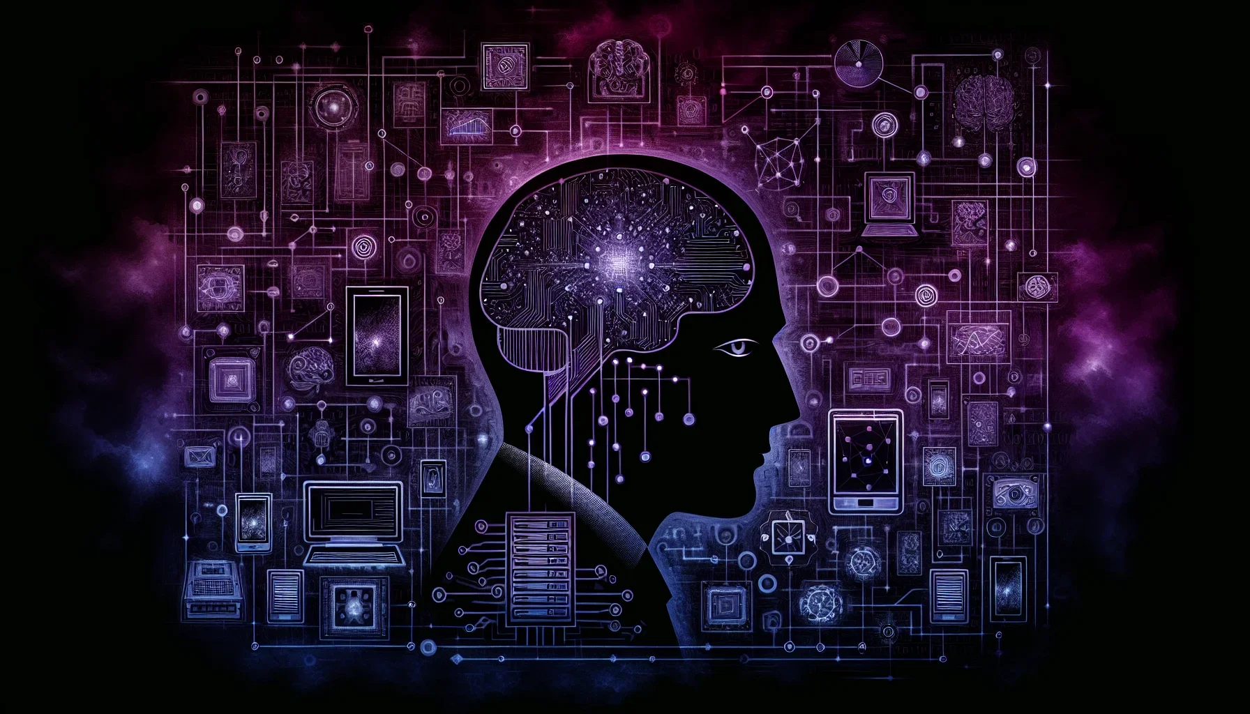 In the visualization of John von Neumann's enduring influence on modern technology, imagine a dynamic and visually striking graphic that captures the essence of his legacy in a dark purple theme, symbolizing the depth and mystery of his intellectual contr