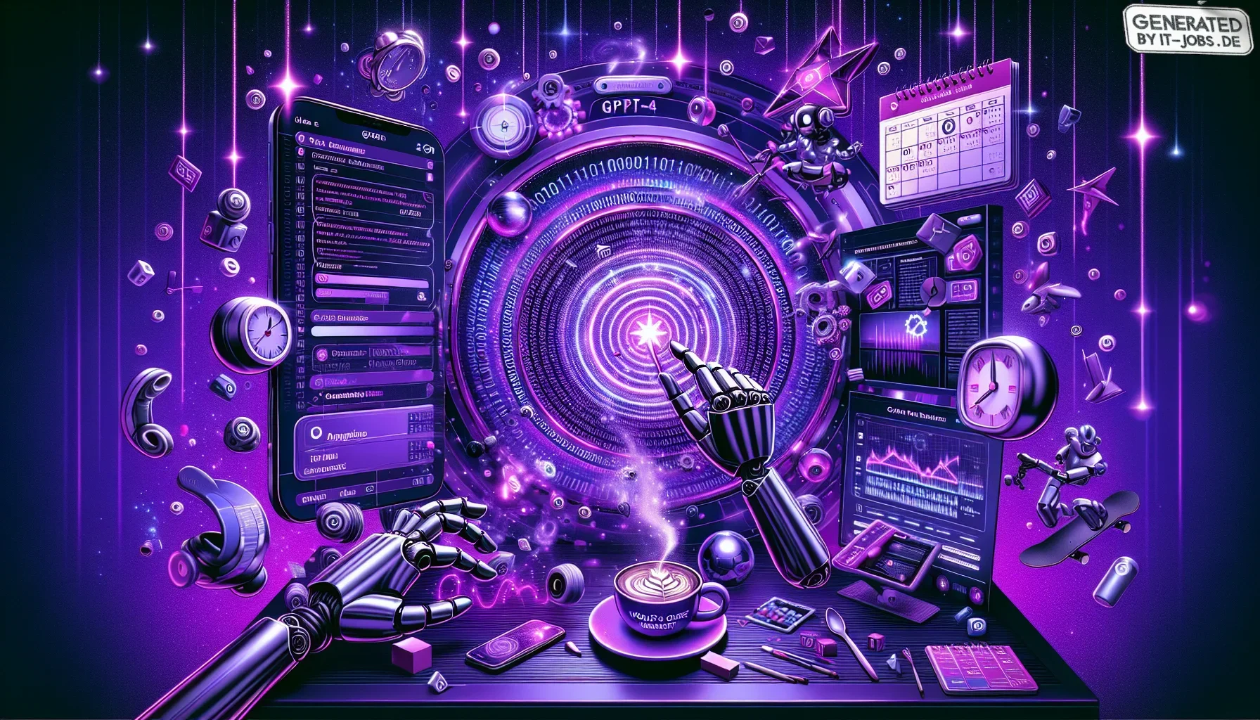 A vibrant, edgy visualization emerges, drenched in dark purple hues with electric accents, capturing the essence of the paragraph. At the center, a futuristic office setting morphs into an ethereal scene where IT product management trends pulsate with lif
