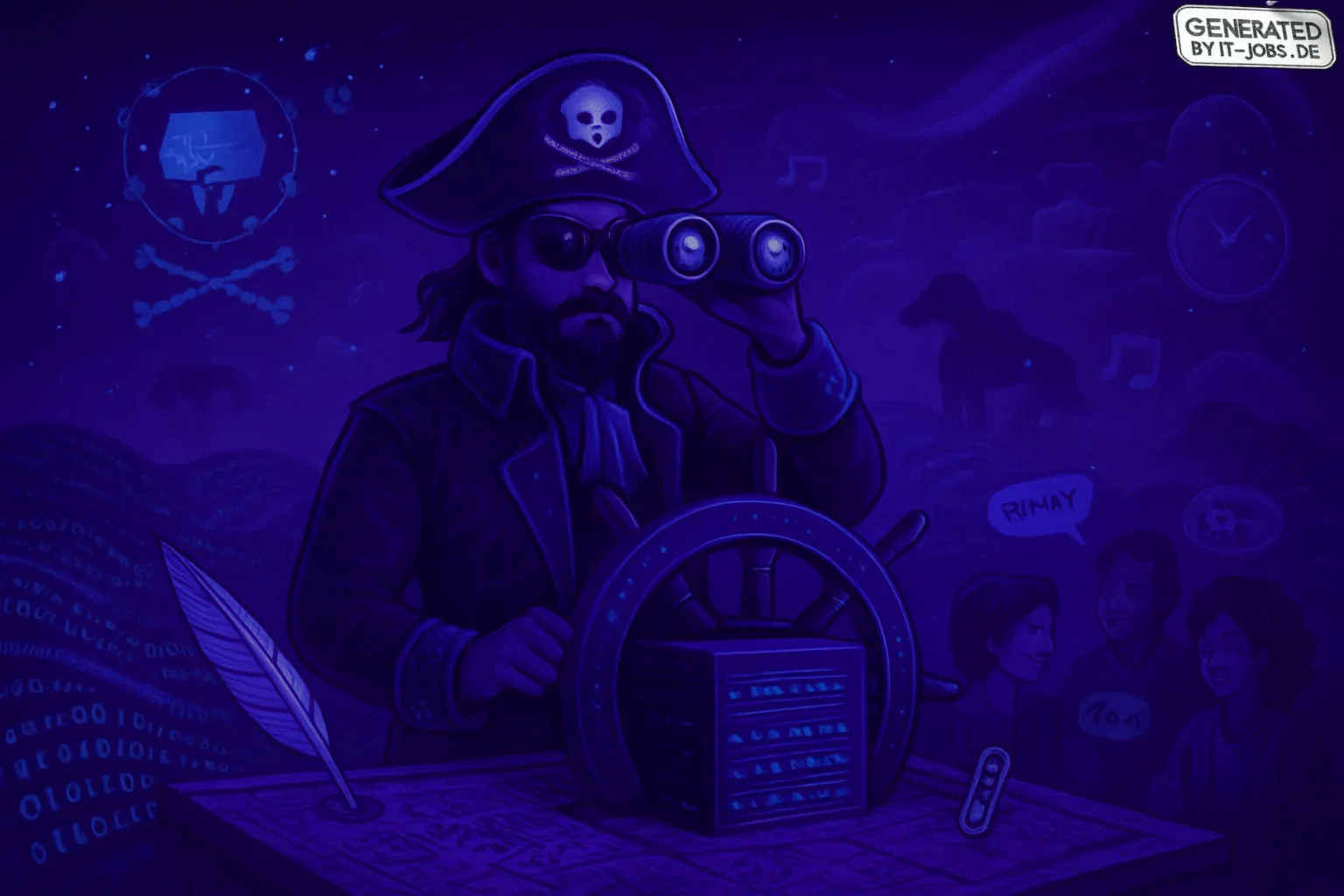 In a dimly lit room, an IT Privacy Specialist is depicted as a futuristic pirate captain. They're at the helm of a digital ship, surrounded by waves of binary code. The scene features playful IT references, like a BSOD eye-patch and icons like Pac-Man gho