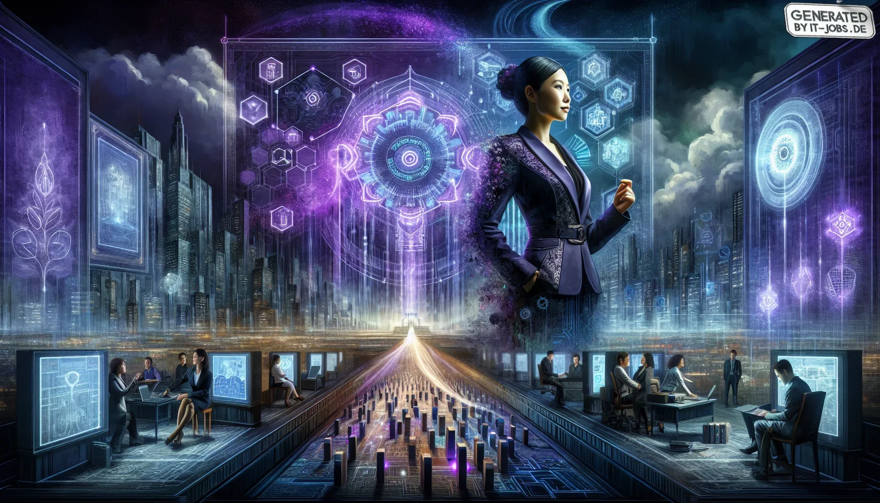 Visualize this: The canvas is bathed in a rich, dark purple hue, evoking a sense of deep mystery and the allure of the digital world. The scene is set in a grand, virtual theater, bustling with activity, where the central figure, the Solution Architect, s