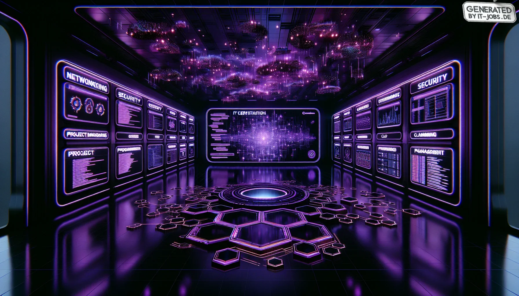 Visualize stepping into a vast, shadowy room bathed in dark purple hues, illuminated by neon lights that flicker with the pulse of digital life. The atmosphere is tinged with an edgy, tech-savvy aura, fitting for the realm of IT certifications. The walls,