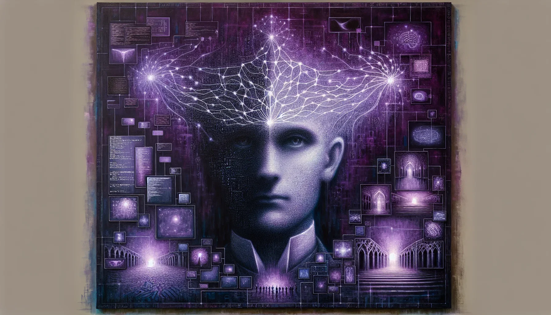 Visualize a large, brooding canvas painted in shades of dark purple, the background textured like a circuit board, interlacing lines glowing subtly to suggest activity and connectivity. The central focus is an ethereal, almost spectral portrait of Geoffre