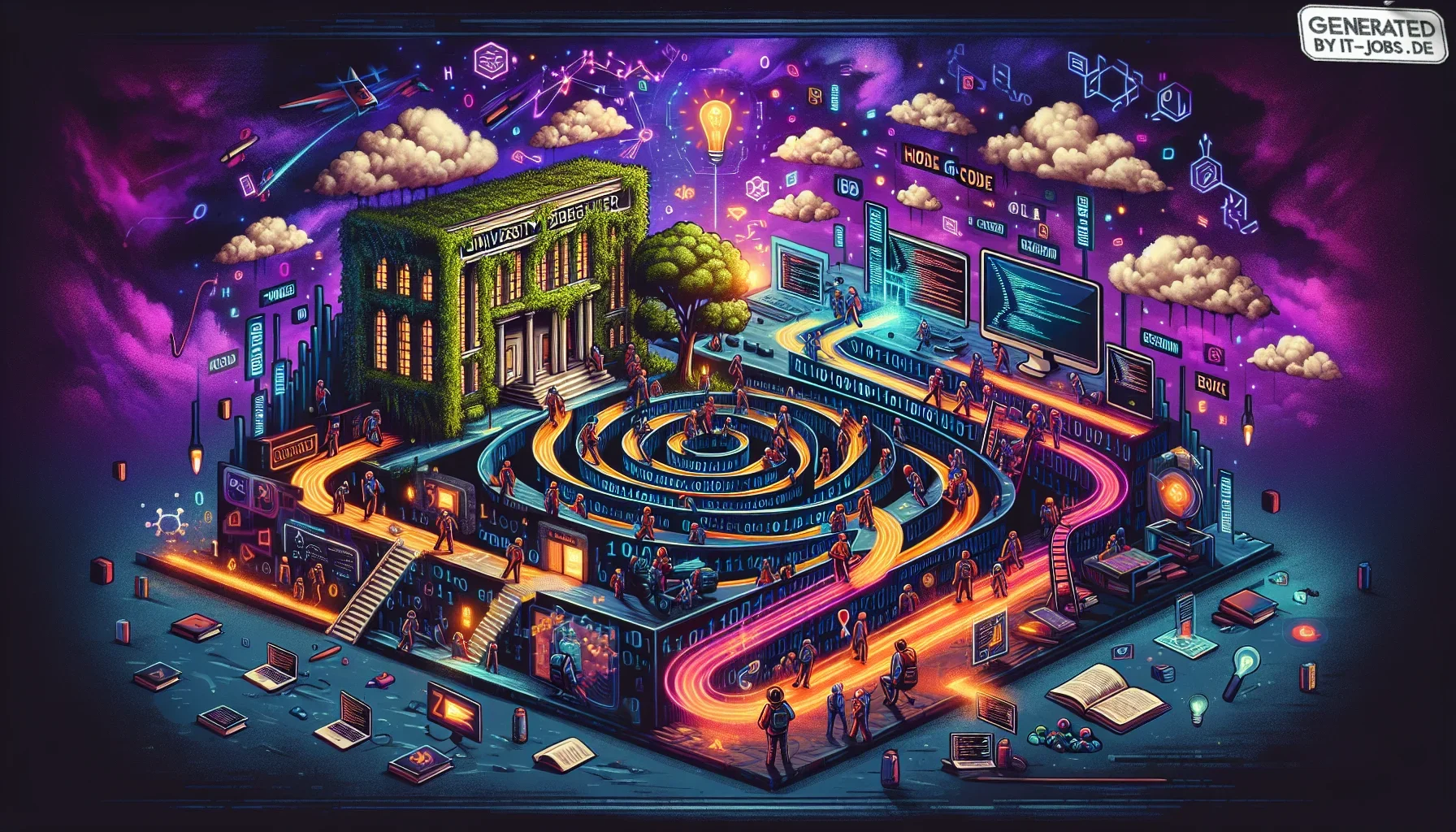 Visualize an artfully chaotic and vibrant digital canvas that captures the essence of a web developer's educational and career journey, all set against a deep, dark purple backdrop that speaks to the edgy and ever-evolving nature of the tech industry.

At