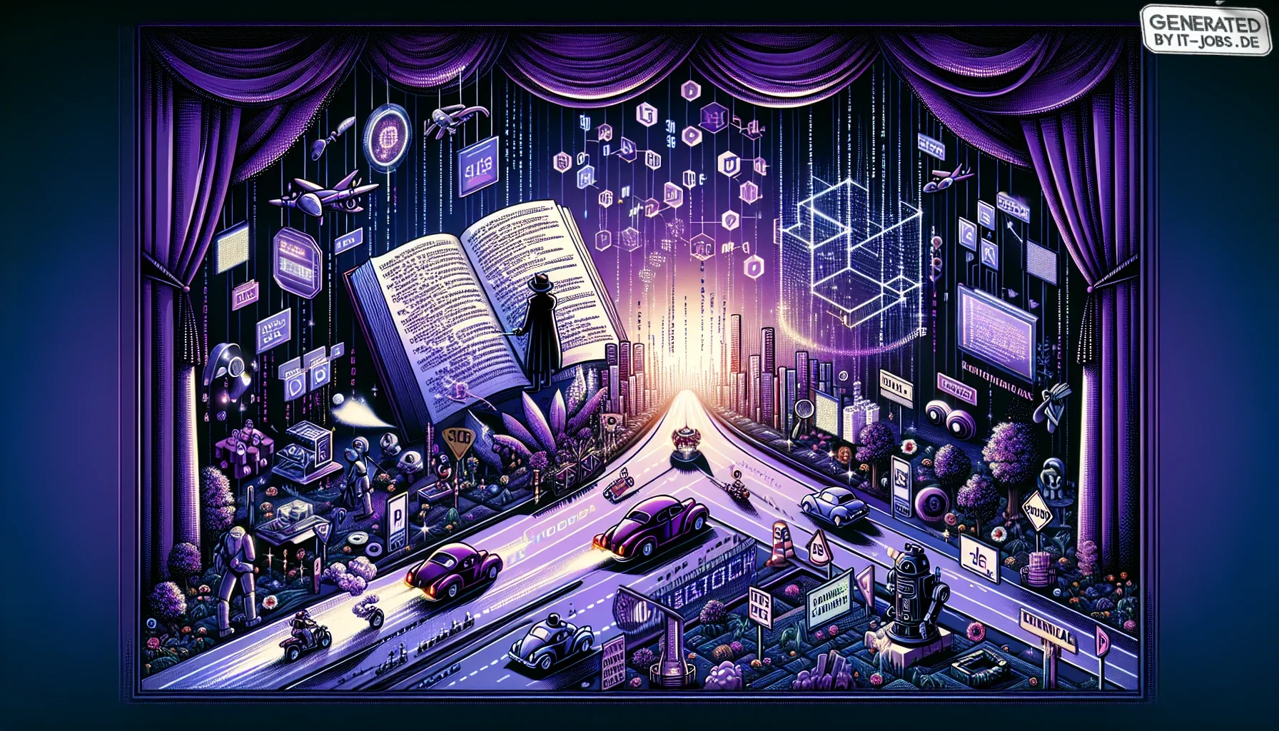 In this visualization, picture a striking, digital canvas that smoothly blends technological aesthetics with a mystical vibe, all cast in moody shades of dark purple. The central theme revolves around the complex and intriguing world of Technical SEO, por