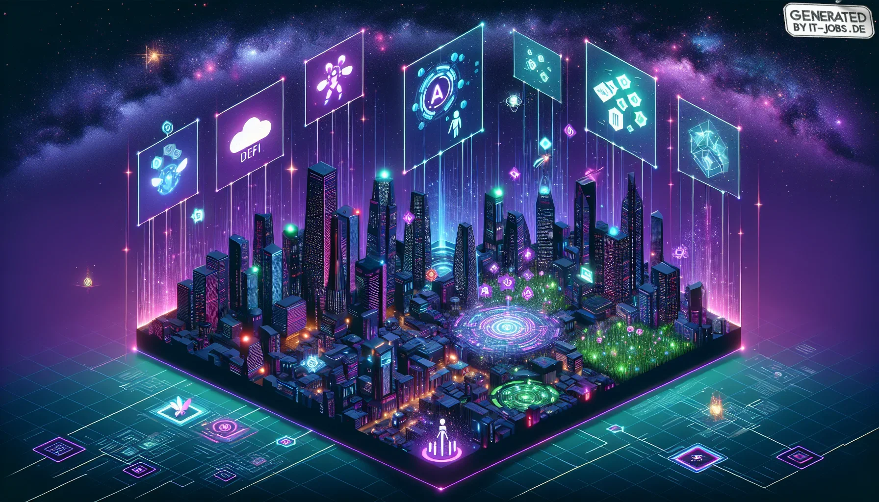 Visualize entering a dynamic, visually rich landscape dominated by dark purple hues that set a tone of futuristic mystery and innovation. The backdrop is a sprawling digital cityscape under a starlit sky, where skyscrapers pulse with neon lights and data 