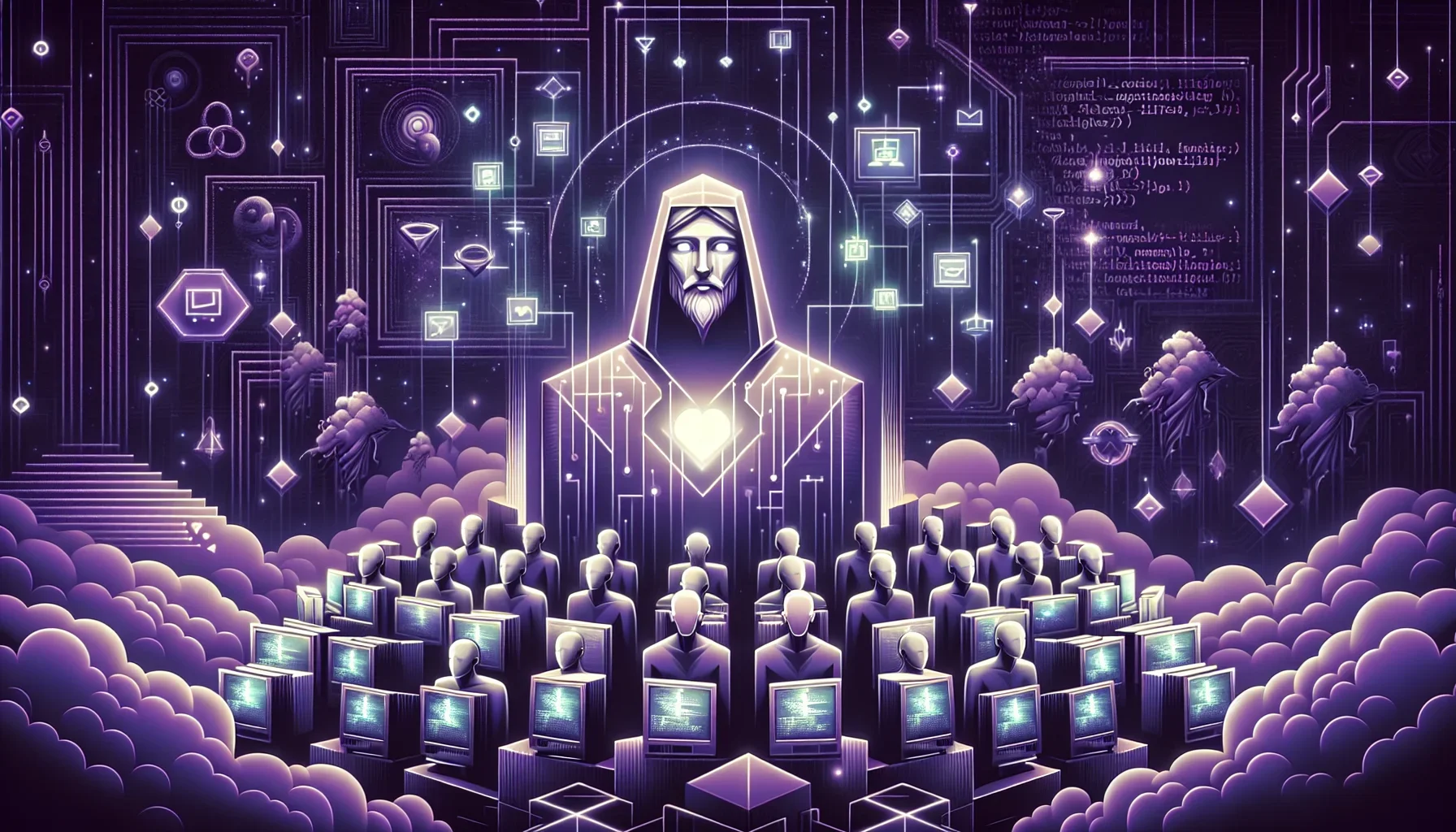 Visualize a striking digital artwork that encapsulates the essence of Lazarus as a sanctuary for Delphi enthusiasts. The overall color palette is dominated by various shades of dark purple, imbuing the scene with a sense of deep, introspective mystery and