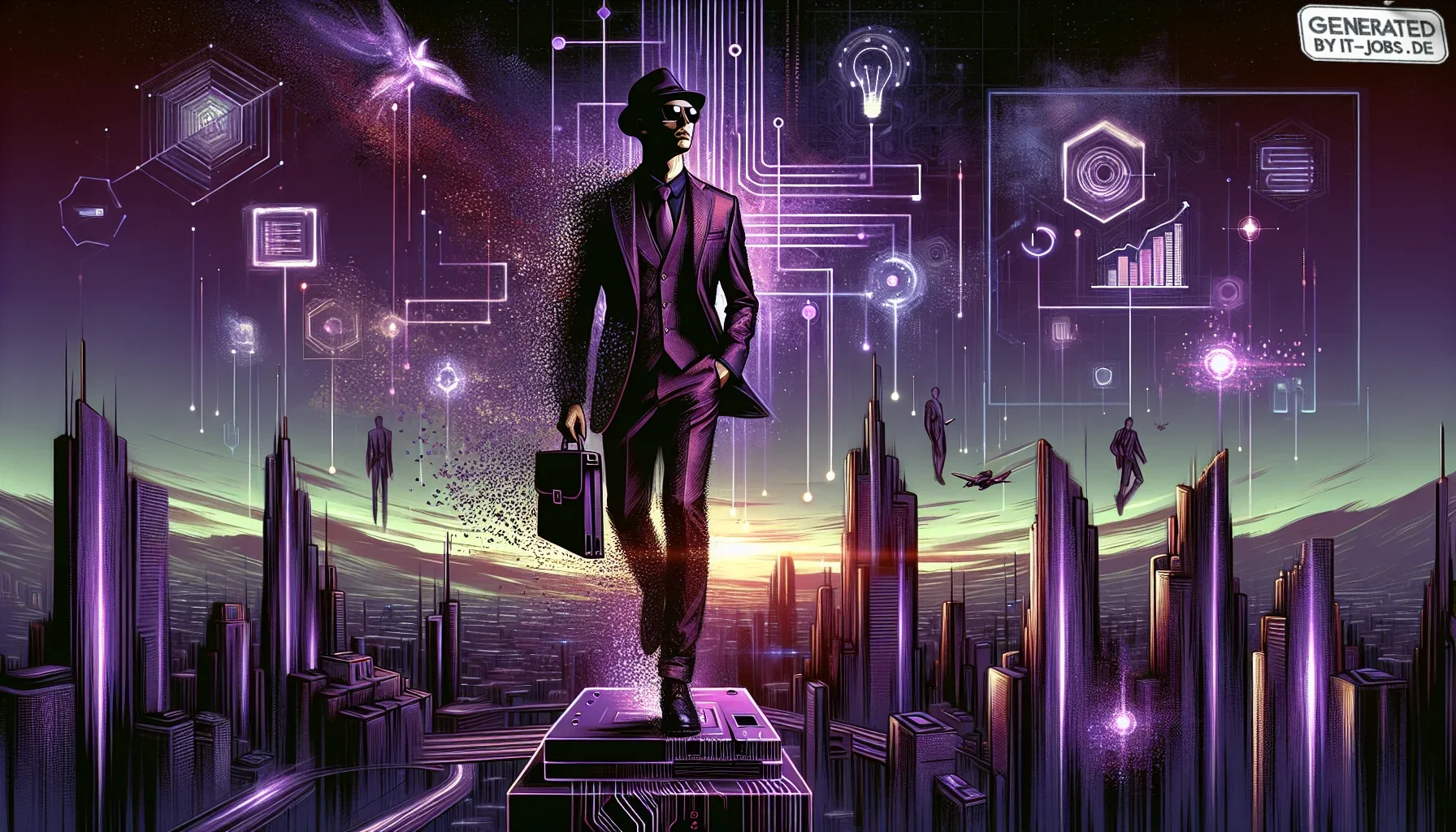 Visualize a dynamic, edgy artwork dominated by dark purple hues, encapsulating the thrilling early career journey of Jeff Bezos before his Amazon era. The composition is electric, blending the serious undertones of Wall Street with whimsical tech and pop 